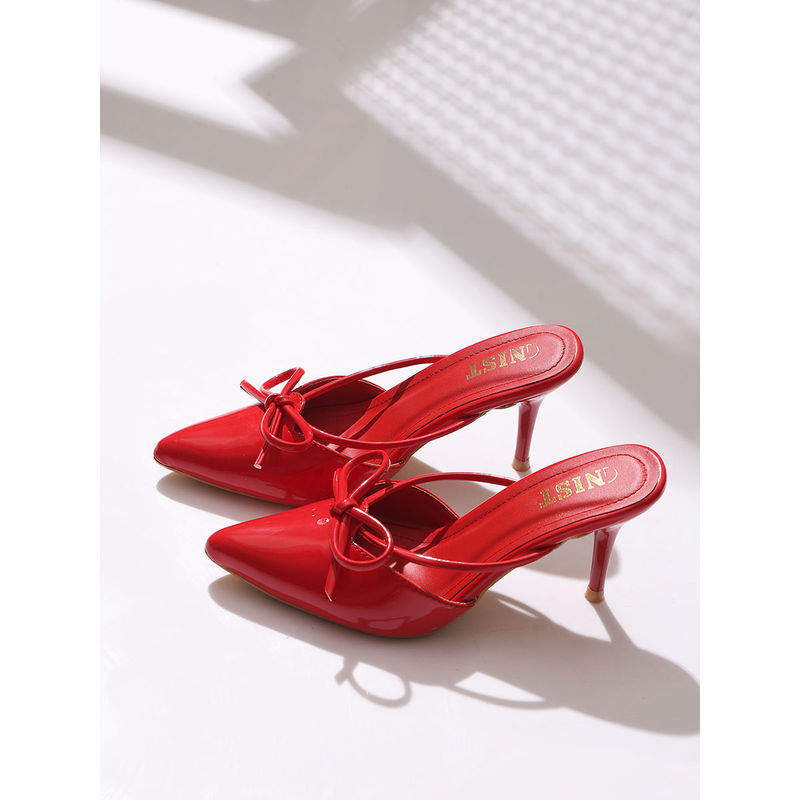 GNIST Pointed Bow Red Stiletto Mules Heels (EURO 38)
