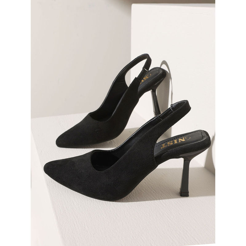 GNIST Textured Pointed Black Stiletto Mules Heels (EURO 37)
