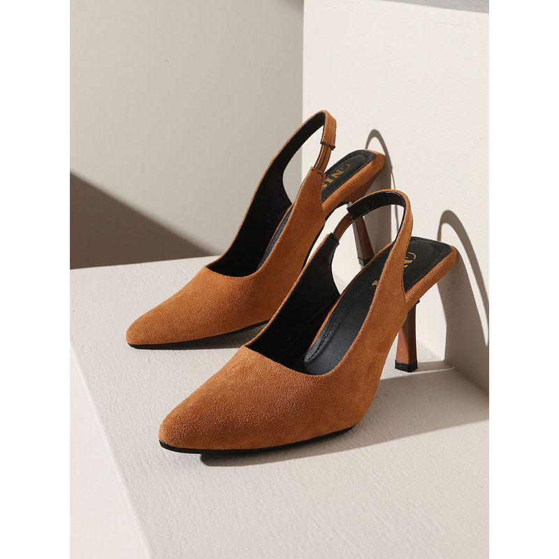 GNIST Textured Pointed Tan Stiletto Mules Heels (EURO 36)