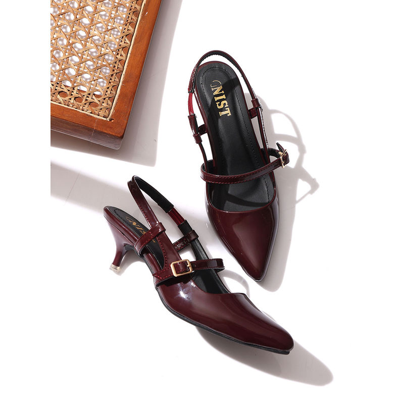 GNIST Structured Pointed Burgundy Kitten Mules Heels (EURO 37)