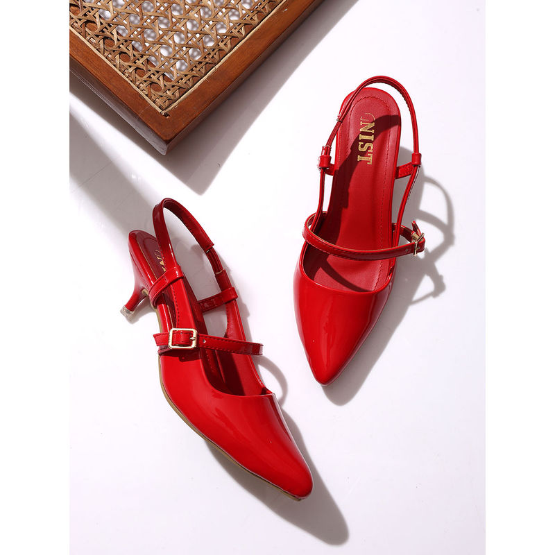 GNIST Structured Pointed Red Kitten Mules Heels (EURO 36)