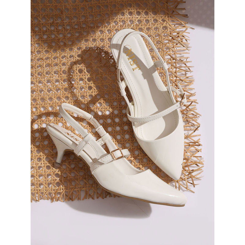 GNIST Structured Pointed White Kitten Mules Heels (EURO 38)