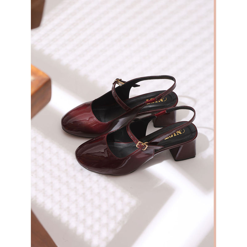 GNIST Structured Round Toe Burgundy Block Mules Heels (EURO 40)