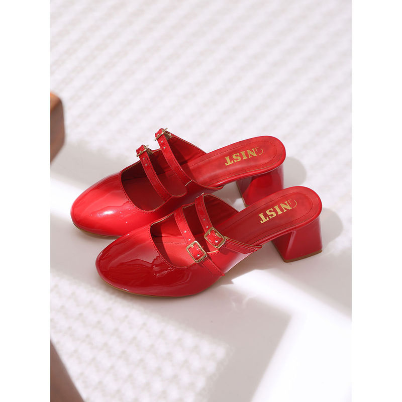 GNIST Structured Round Toe Red Block Mules Heels (EURO 37)