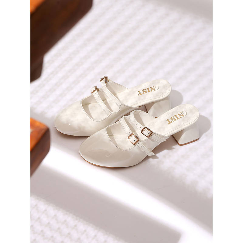 GNIST Structured Round Toe White Block Mules Heels (EURO 36)