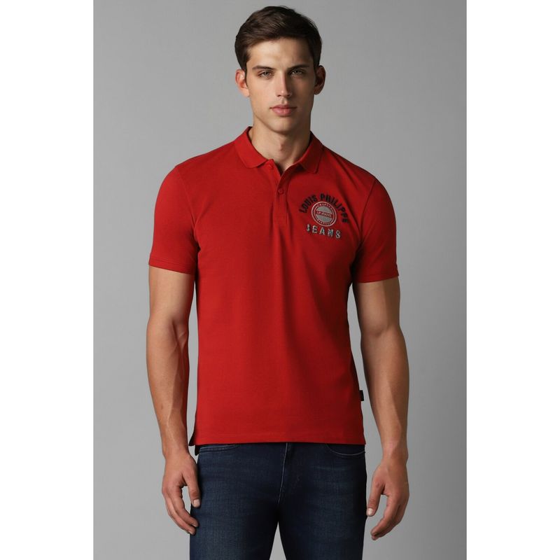 Louis Philippe Men Red Embroidered Polo Neck T-Shirt (XL)