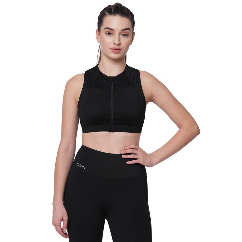 Fitkin Black Front Zipper Sports Bra For Better Posture (S)