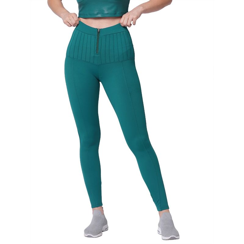 Fitkin Sporty Stylish Pintuck Teal Green Tights (L)