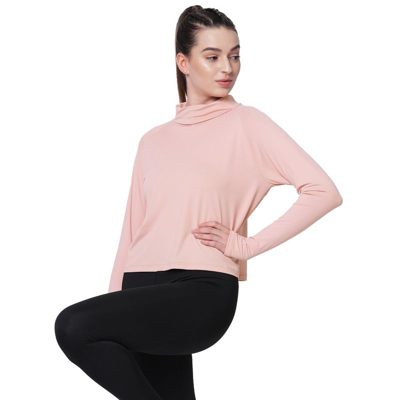 Fitkin Women Pink Self Design Turtle Neck Long Sleeve Top (S)
