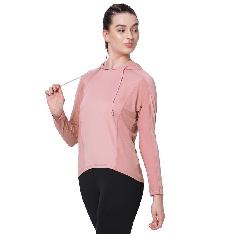 Fitkin Women Pink Long Sleeve Hoodie Top with Side Mesh Panel (S)