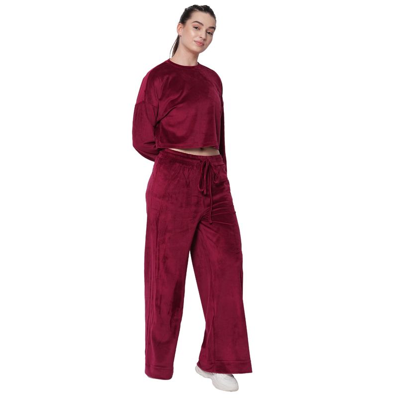 Fitkin Women Maroon Velvet Relaxed Fit Loose Pants Tracksuit (Set of 2) (S)