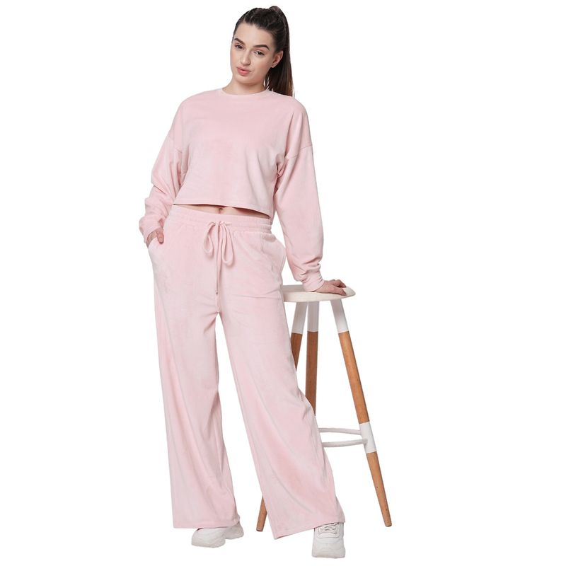 Fitkin Women Pink Velvet Relaxed Fit Loose Pants Tracksuit (Set of 2) (S)