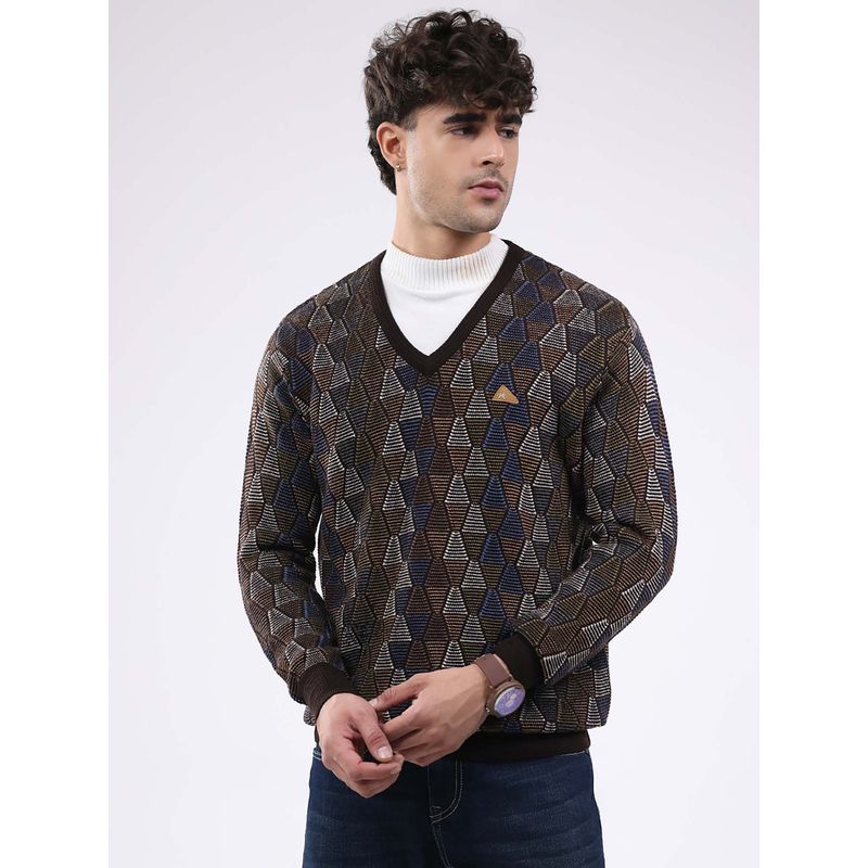 Monte Carlo Men's V-Neck Full Sleeve Pullover - Brown (L)