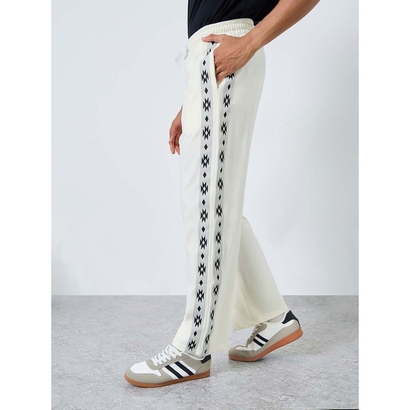 Styli Men Boho Tape Oversize Terry Track Pant with Thick Drawcord - Cream (M)