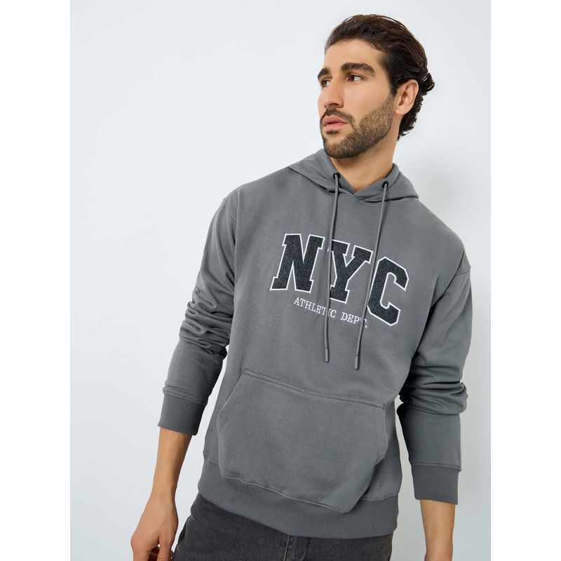 Styli Men Oversized Fit Earth Friendly Embroidered Fleece Hoodie - Grey (L)