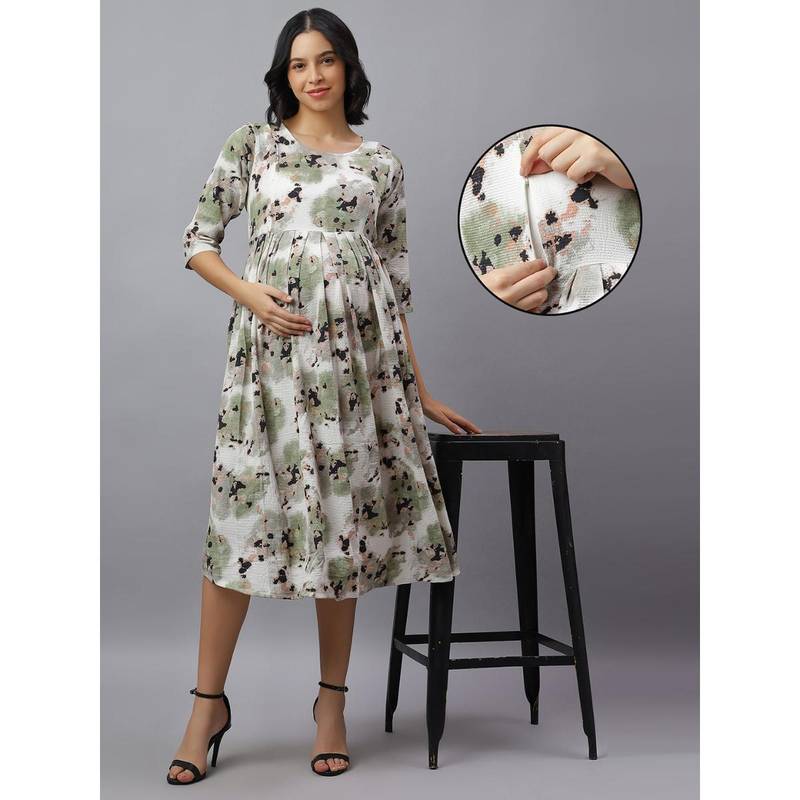 Mamma's Maternity Green Cotton Blend Printed Maternity Dress (M)