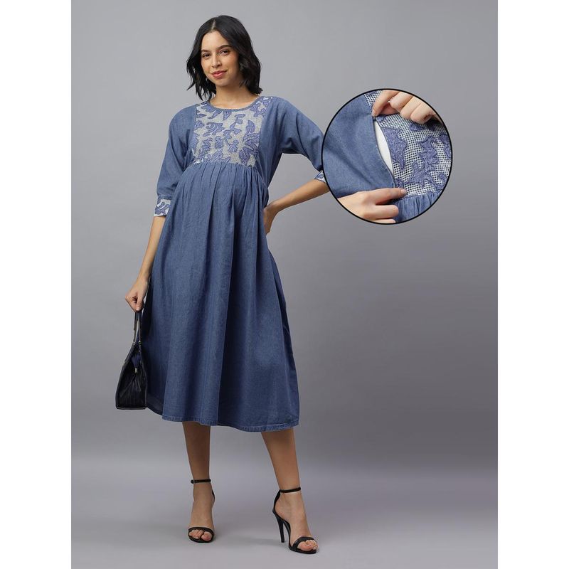 Mamma's Maternity Light Blue Denim Solid Maternity Dress (M)