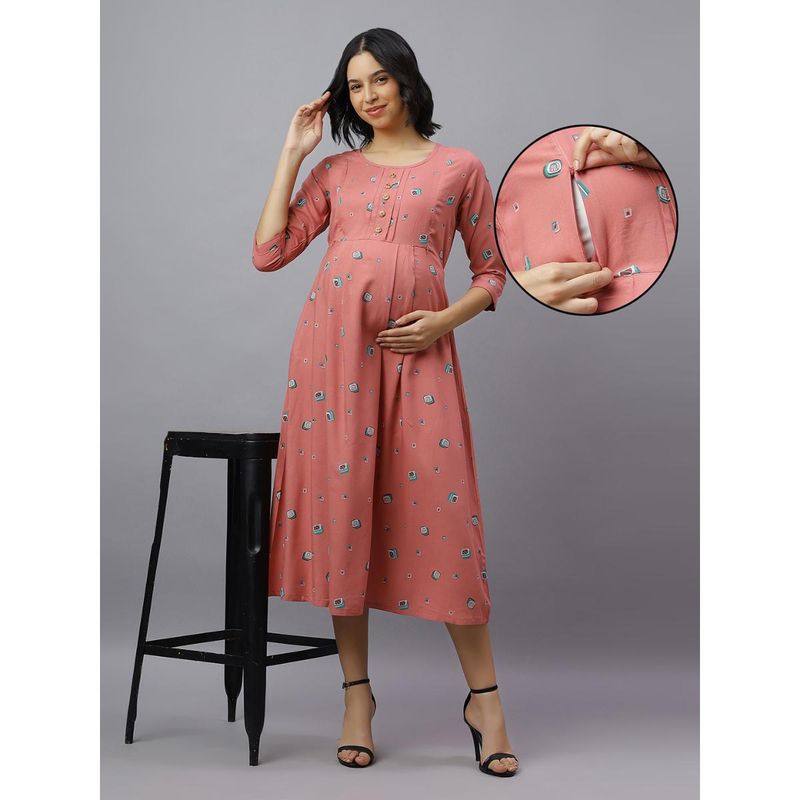 Mamma's Maternity Peach Rayon Printed Maternity Dress (M)
