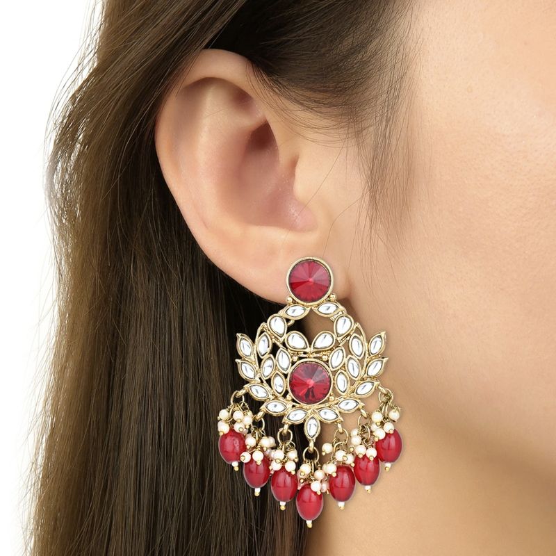 Maroon Gold Tone Kundan Earrings with Onyx