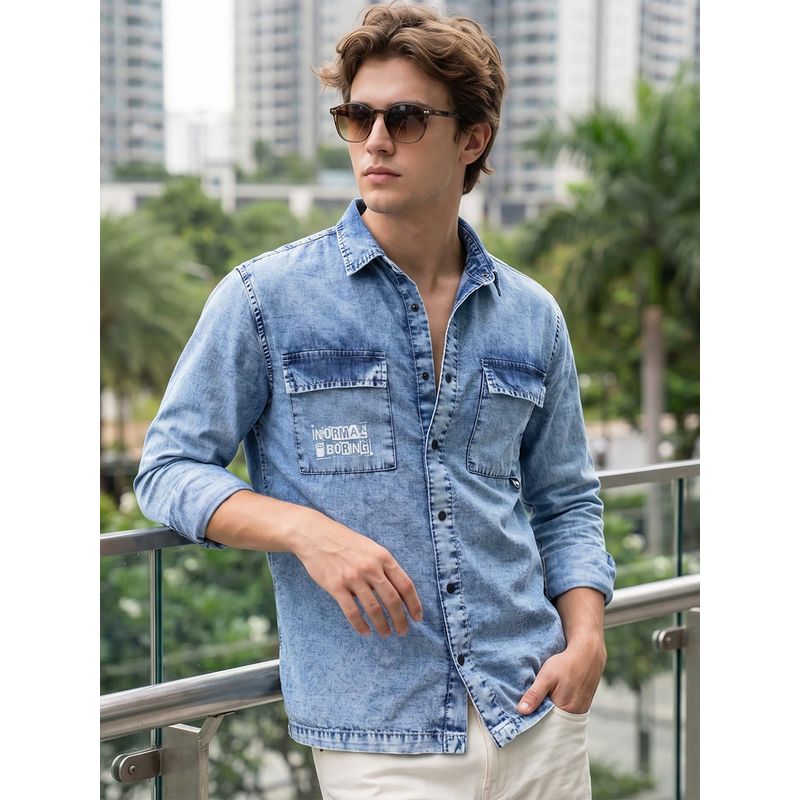 Bewakoof Mens Blue Evolve Typography Washed Denim Shirt (L)