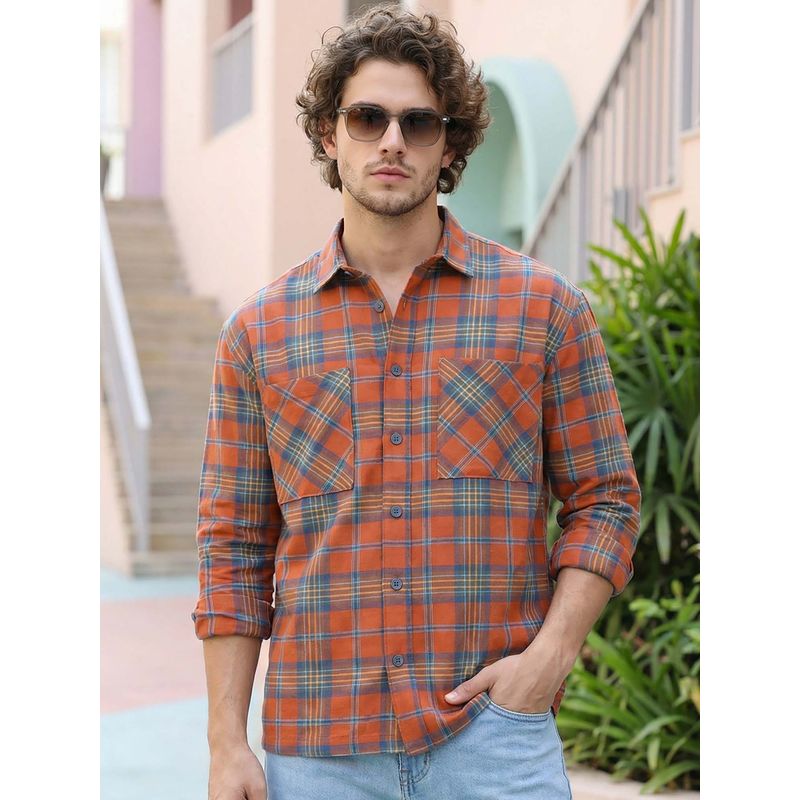 Bewakoof Mens Rust Orange Checked Oversized Casual Shirt (S)