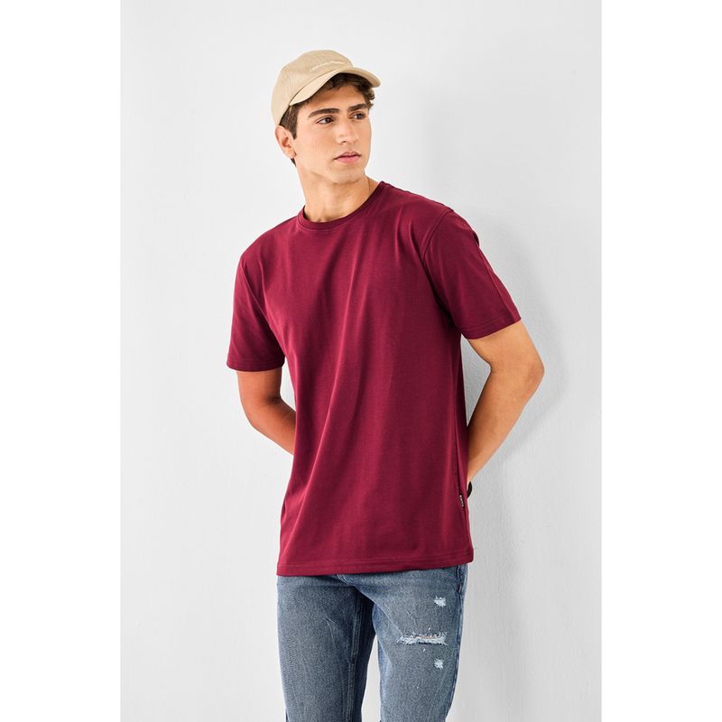Snitch Men Burgundy Cotton Lycra Slim Fit T-Shirt (XS)