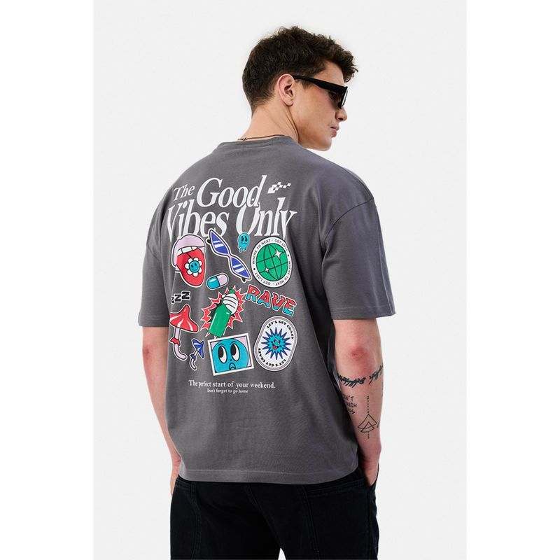 Snitch Men Charcoal Cotton Oversized Fit T-Shirt (XL)