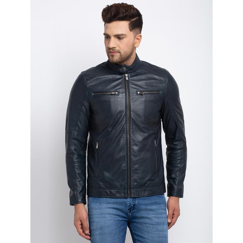 Teakwood Men Navy Blue Solid Lightweight Genuine Leather Jacket: Buy ...