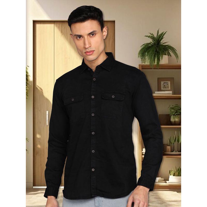 KUONS AVENUE Men's Black Double Pocket Cotton Twill Casual Shirt (XL)