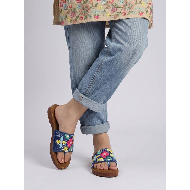 Dollphin Women'S Handmade Floral Embroidered Blue Flats (EURO 36)