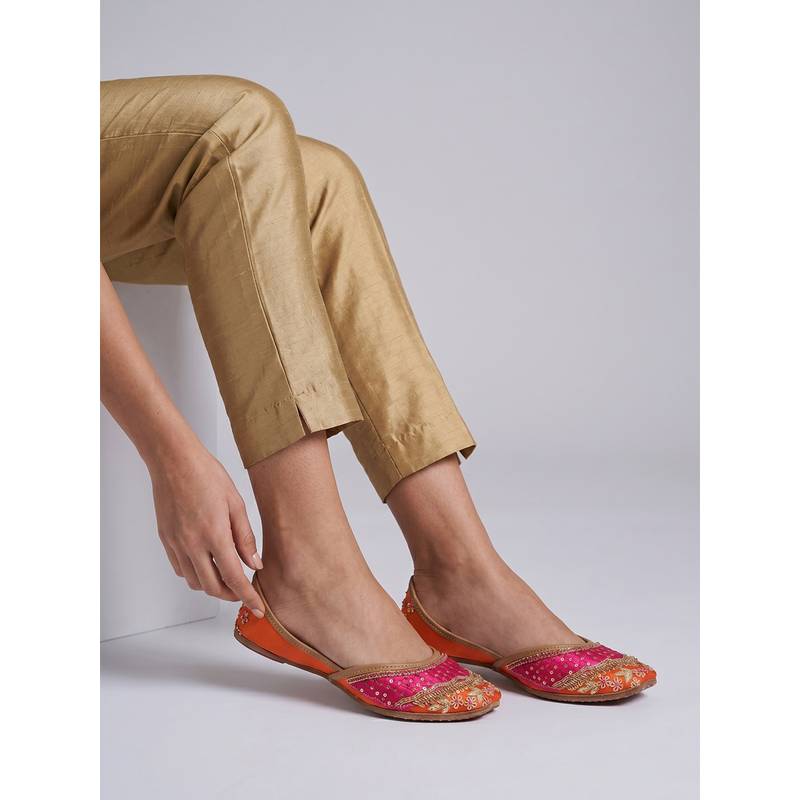 Dollphin Women Orange -Pink Embellished Ethnic Juttis (EURO 36)
