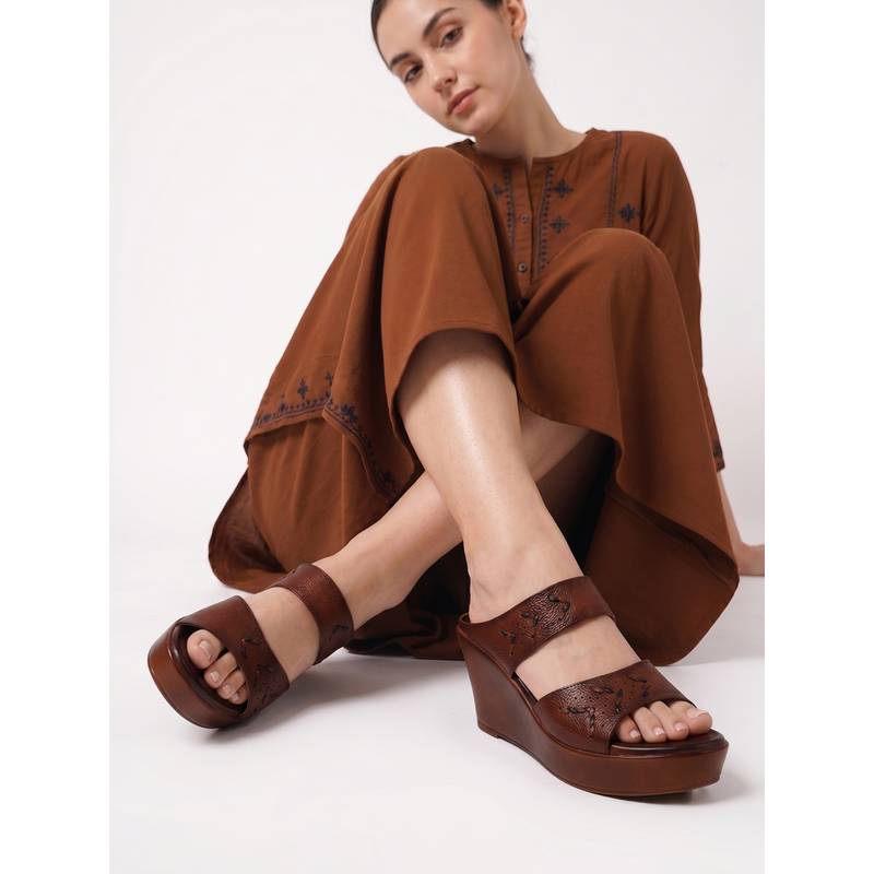 Dollphin Women’S Leather Upper Double-Strap Tan Wedge Heels (EURO 37)