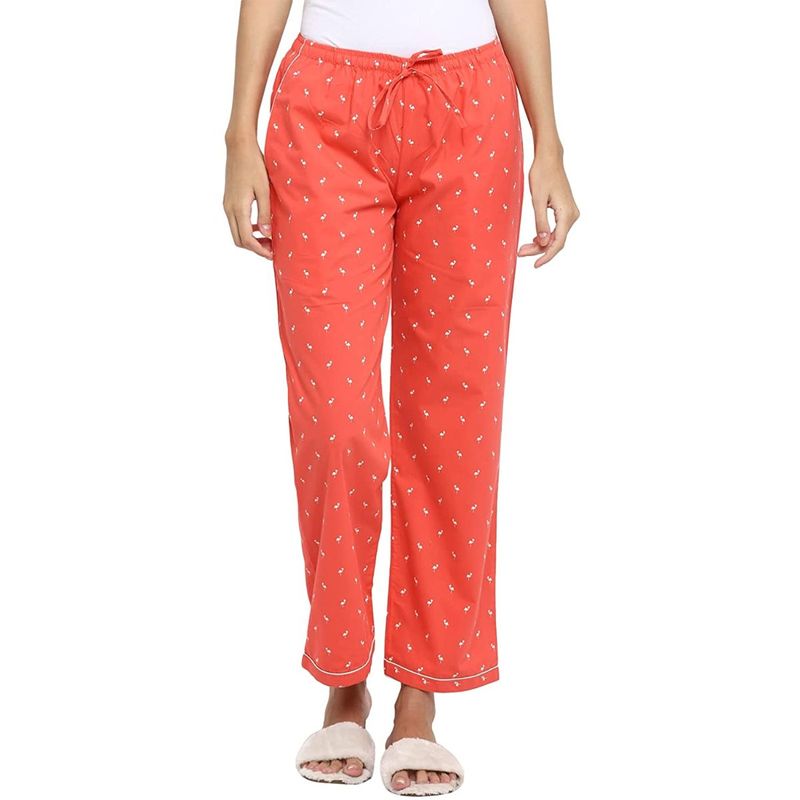 Shopbloom Premium Cotton Bright Peach Flamingo Print Women's Pajama |Bottom Wear - Red (XS)