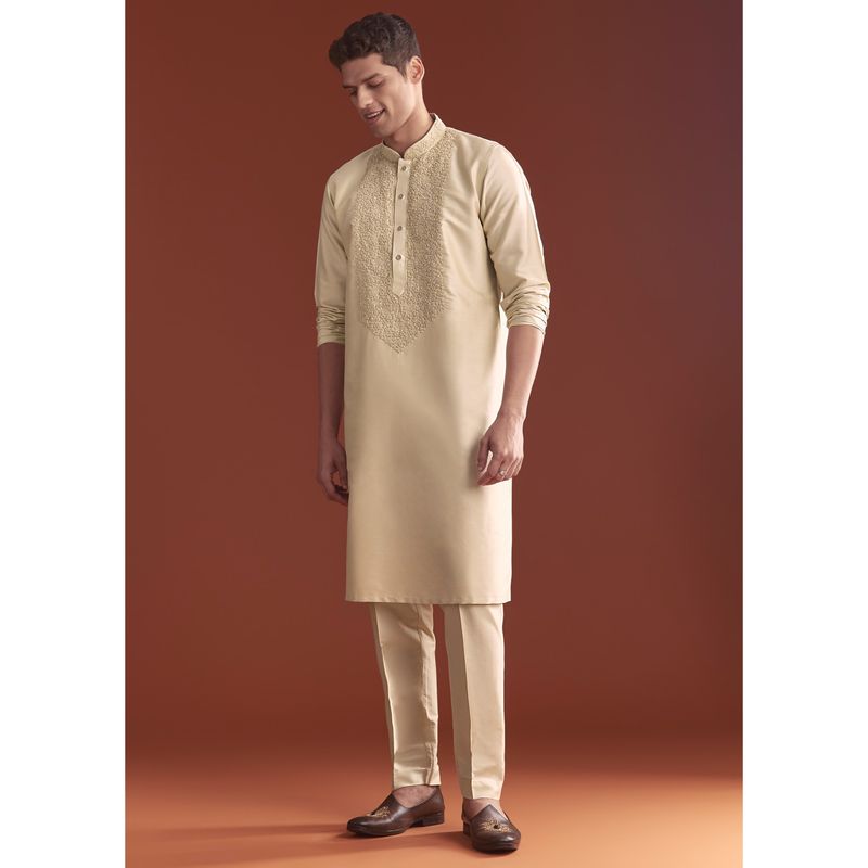 KALKI FASHION Beige Tussar Silk Full Sleeves Kurta With Pant (XL)