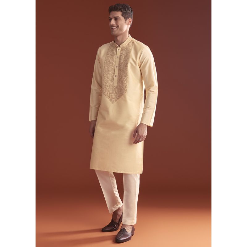KALKI FASHION Cream Silk Full Sleeves Kurta With Pant (2XL)
