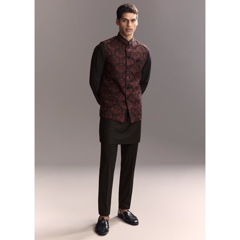 KALKI FASHION Black Viscose Rayon Full Sleeves Kurta With Nehru Jacket & Pant (XL)