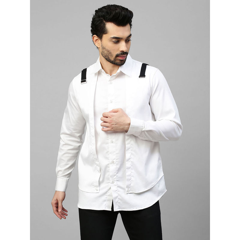 Echke White Double Layered Shirt with Black Straps Buckle Feature (S)