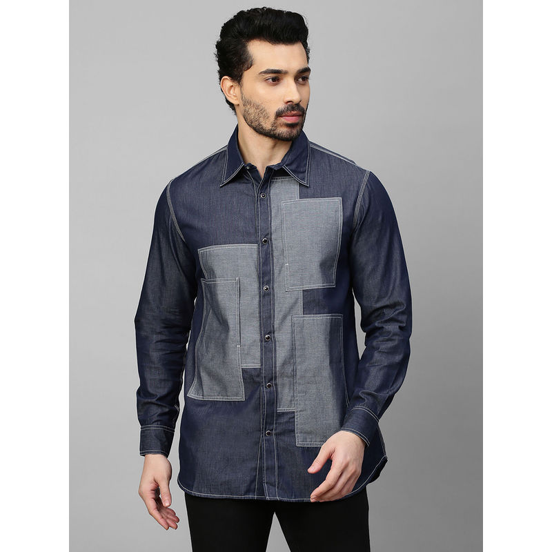 Echke Denim Shirt with Light Rectangular Patchwork on Chest (S)