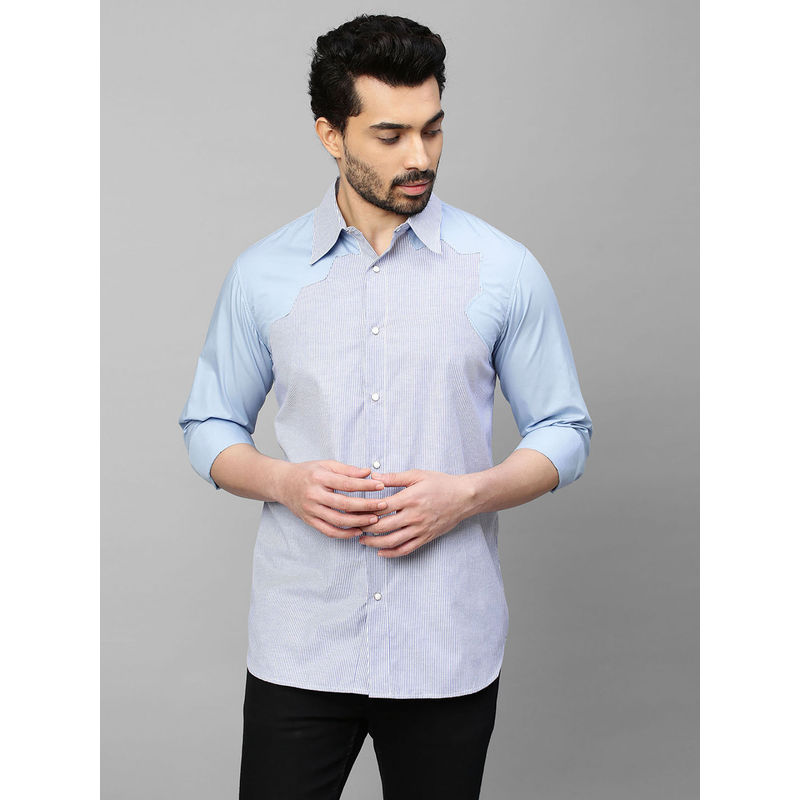 Echke Blue Striped Shirt with Light Sleeves and Lapels Feature (S)