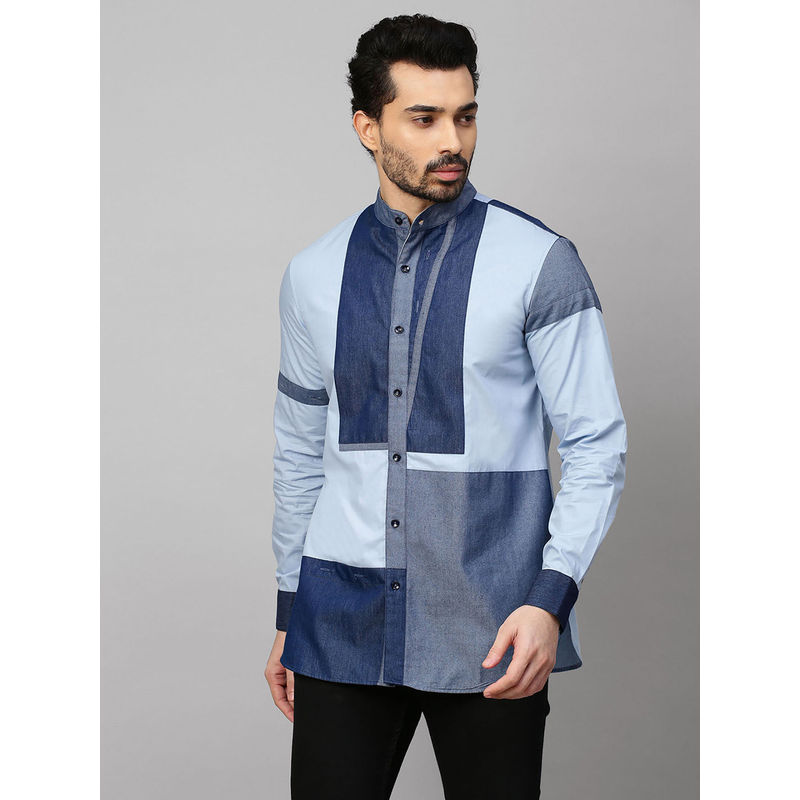 Echke Blue Shirt with Chinese Collar and Denim Patchwork (S)
