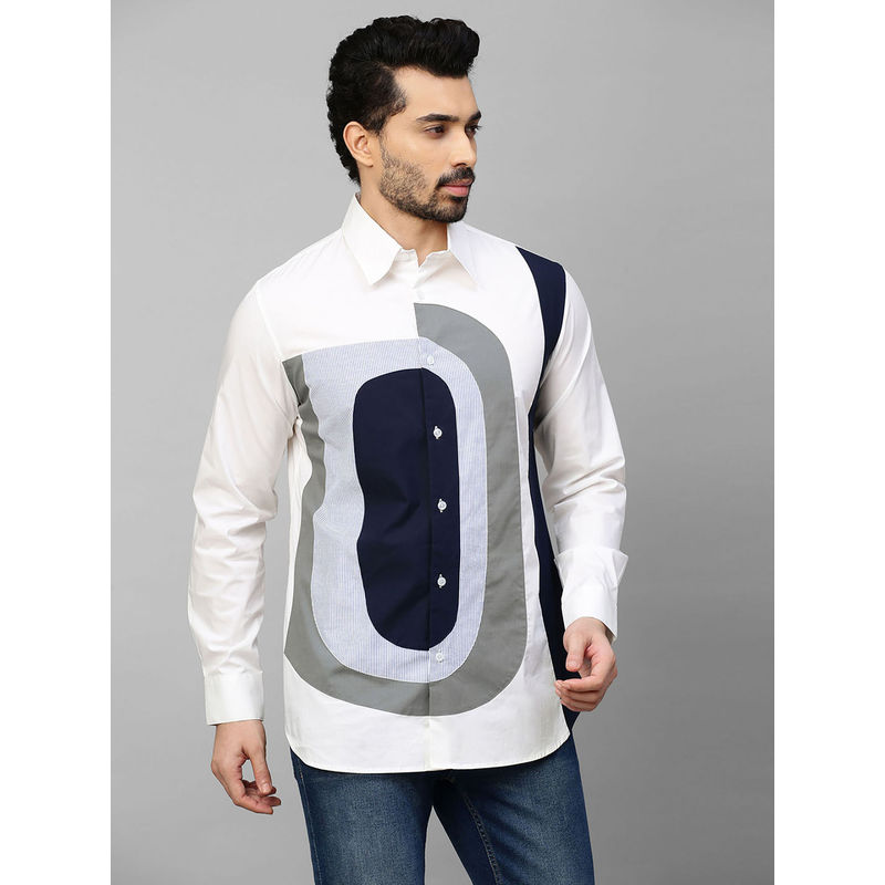 Echke White Shirt with Dark Blue & Grey and Light Checks Patchwork on Chest (S)
