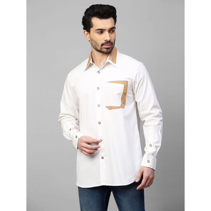 Echke White Shirt with Khaki Patchwork on Collar and Pocket (S)