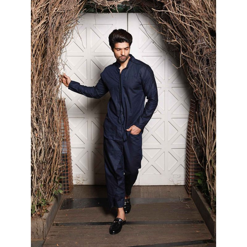 Echke Navy Blue Linen Co-ord (Set of 2) (2XL)