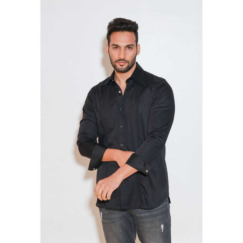 Echke Charcoal Shirt with Press Buttons and Self Piping (S)