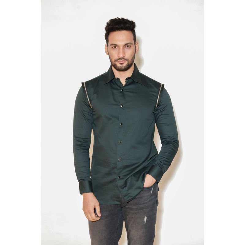 Echke Dark Green Full Sleeves Shirt with Silver Zipper and Cord Detailing On Both Shoulders (S)