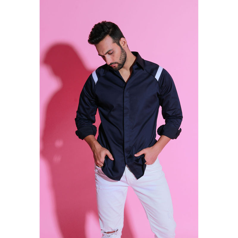 Echke Navy Blue Shirt with Piping & White Border On Shoulder (S)