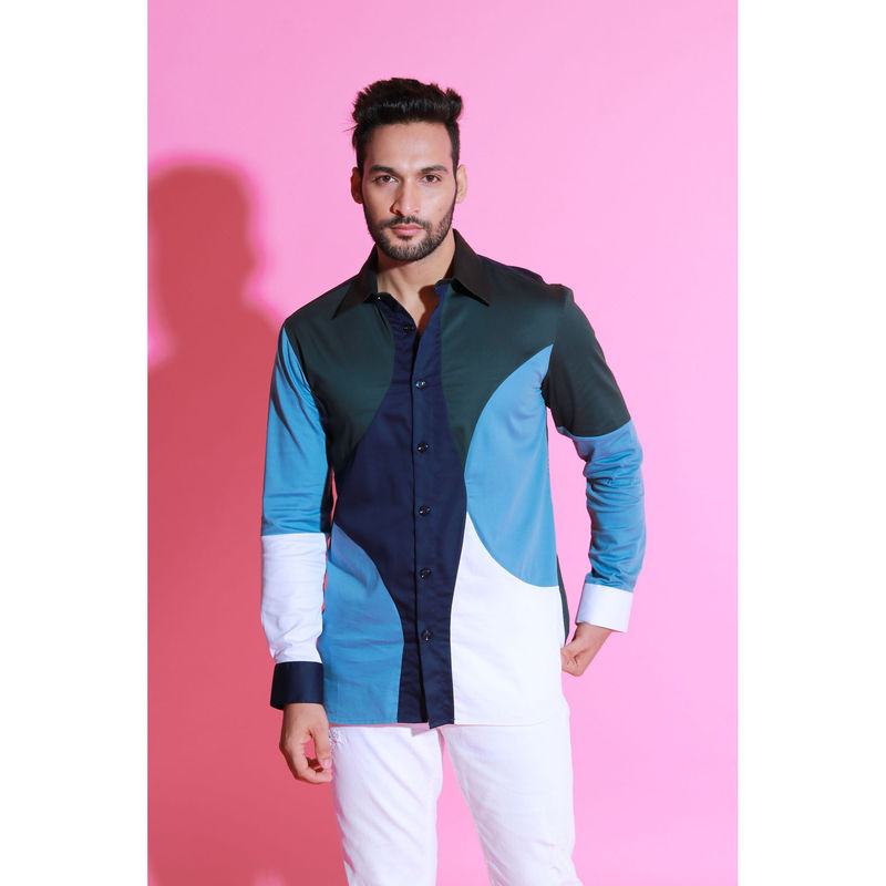 Echke White, Light Blue, Navy Blue and Black Full Sleeves Circular Pattern Patchwork Shirt (S)