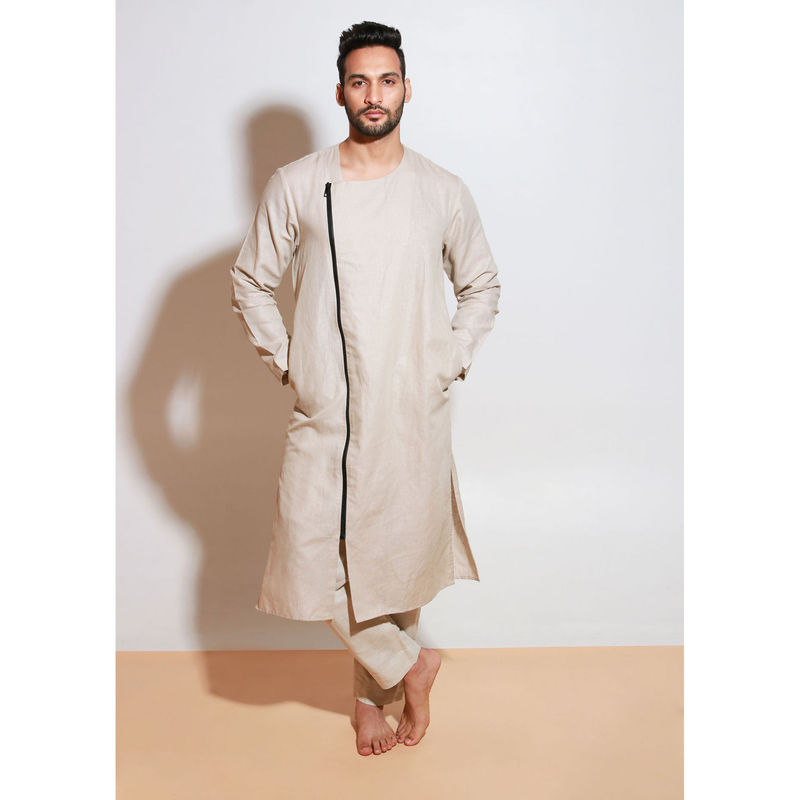 Echke Ecru Linen Kurta with Black One Side Long Zip (Set of 2) (S)