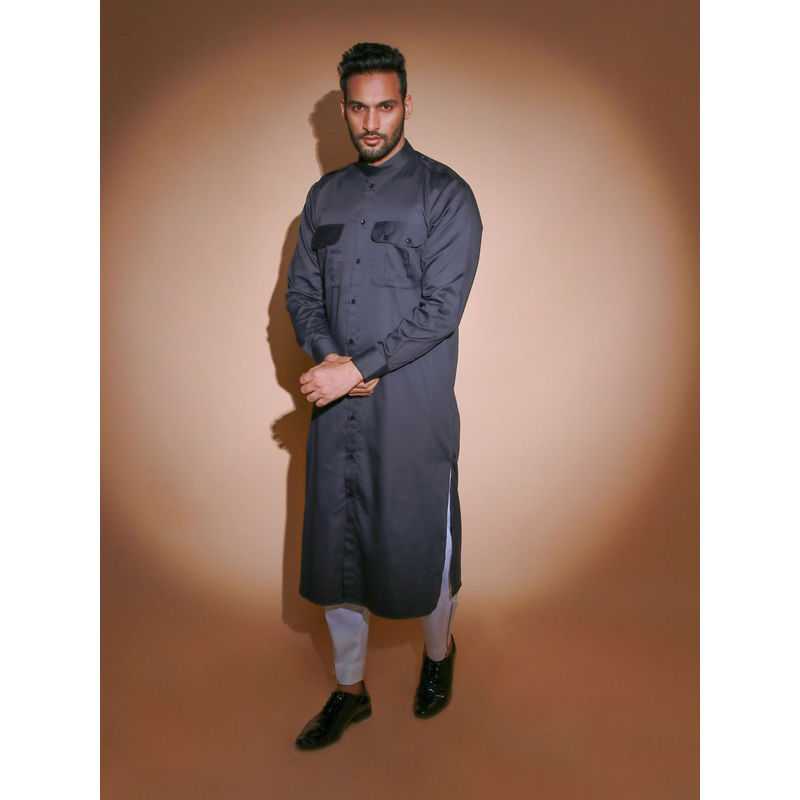 Echke Charcoal Jacket with 2 Front Pocket and Shoulder Flap Co-Ord Narrow Pant (Set of 2) (S)