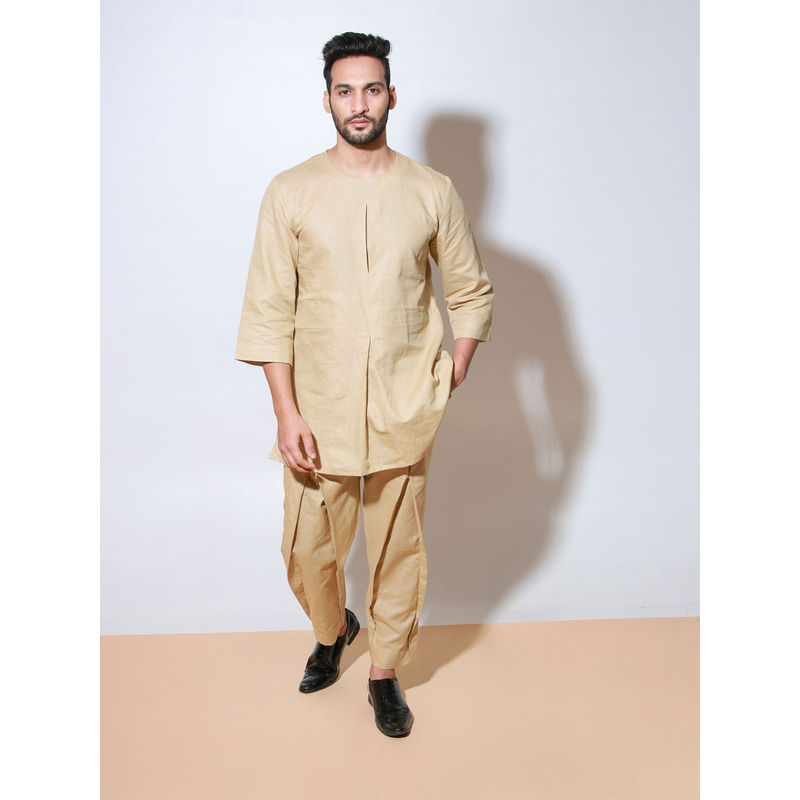 Echke Beige Round Neck Co-Ord with Front Pleat Join Feature (Set of 2) (S)